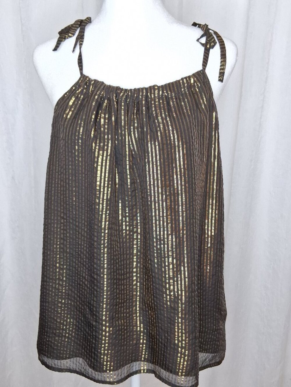 Madewell Silk Black and Gold Metallic Striped Tie Shoulder Top